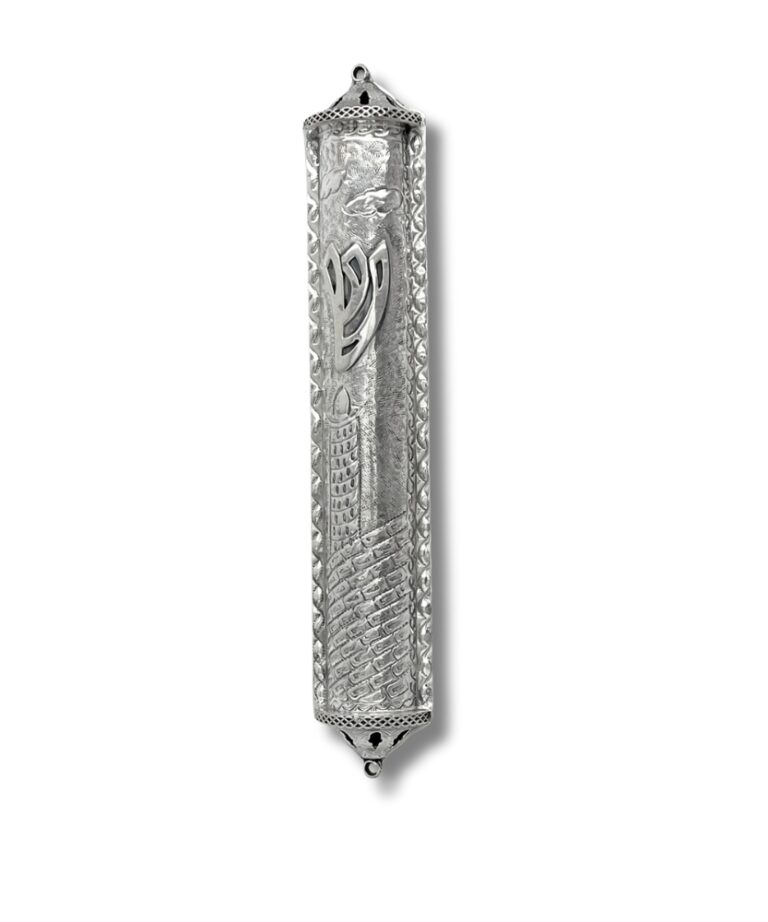925 Sterling Silver Large Mezuzah Case with engraved Jerusalem design and welded Shin letter – front view