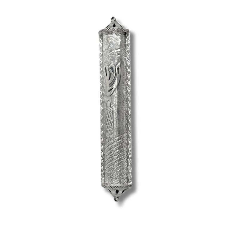 925 Sterling Silver Large Mezuzah Case with engraved Jerusalem design and welded Shin letter – front view