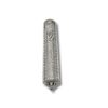 Close-up of raised Shin symbol on decorative silver mezuzah with Jerusalem motif