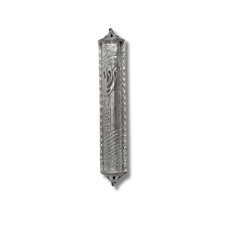 925 Sterling Silver Large Mezuzah Case with engraved Jerusalem design and welded Shin letter – front view