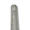 Close-up of raised Shin symbol on decorative silver mezuzah with Jerusalem motif