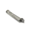 Angled side view of handcrafted silver mezuzah showing ornamental base