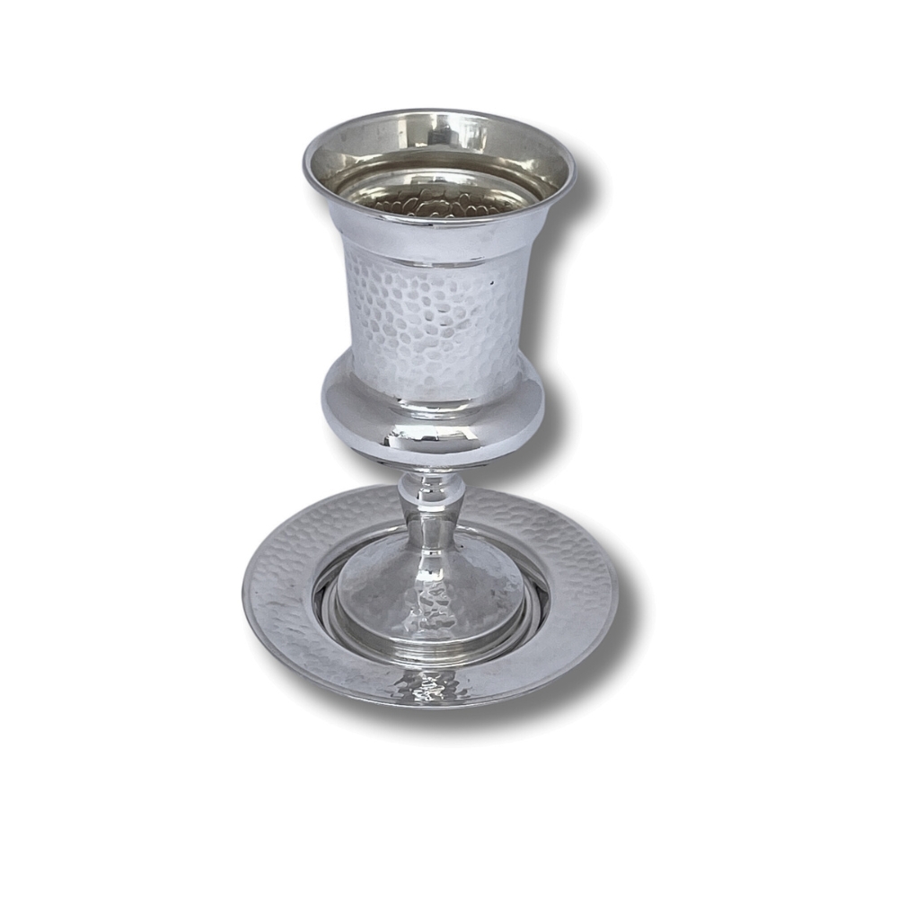 925 Silver Hammered Kiddush Cup with matching plate – elegant front display