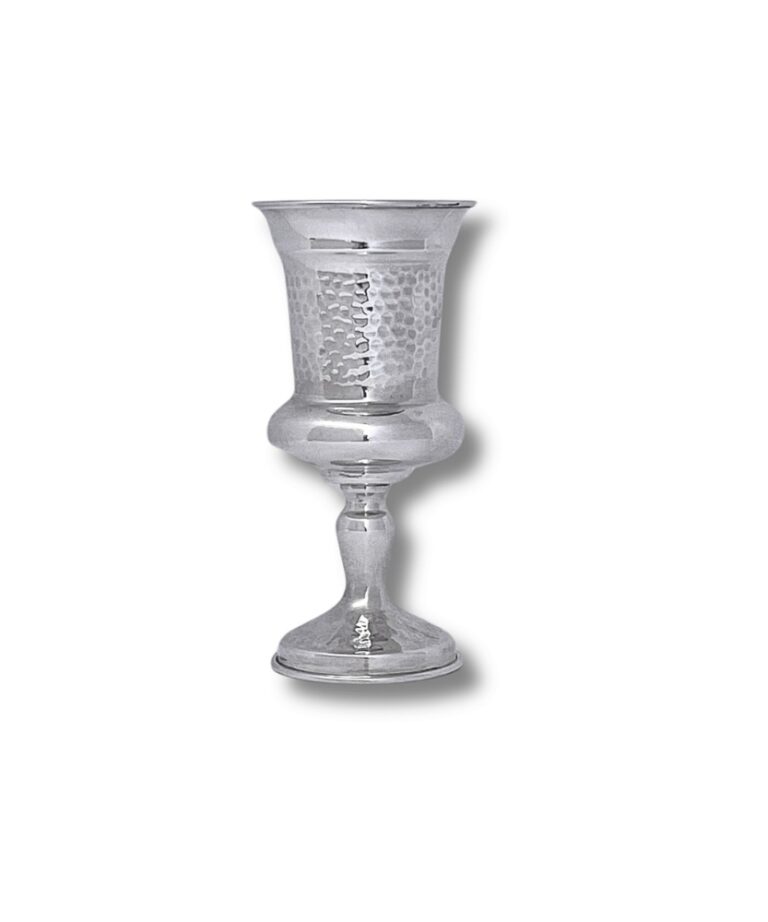 Side view of hammered 925 silver Kiddush goblet with smooth stem