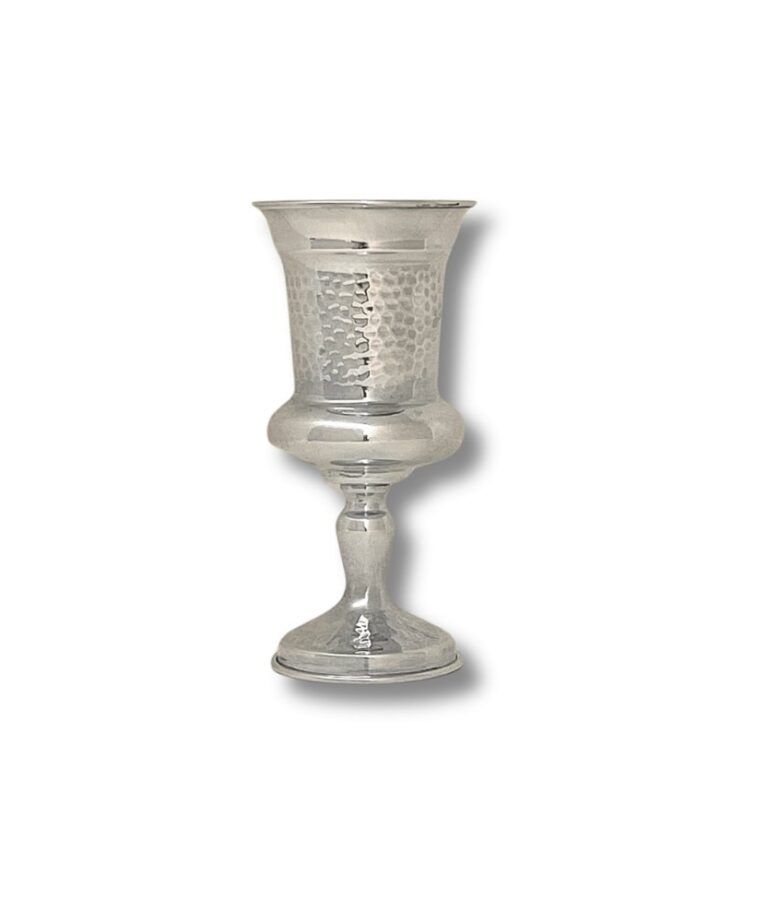 Side view of hammered 925 silver Kiddush goblet with smooth stem