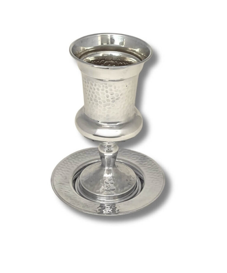 925 Silver Hammered Kiddush Cup with matching plate – elegant front display