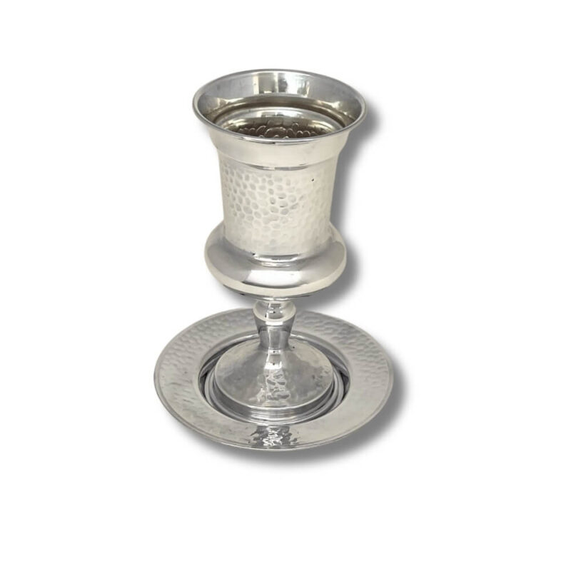 925 Silver Hammered Kiddush Cup with matching plate – elegant front display