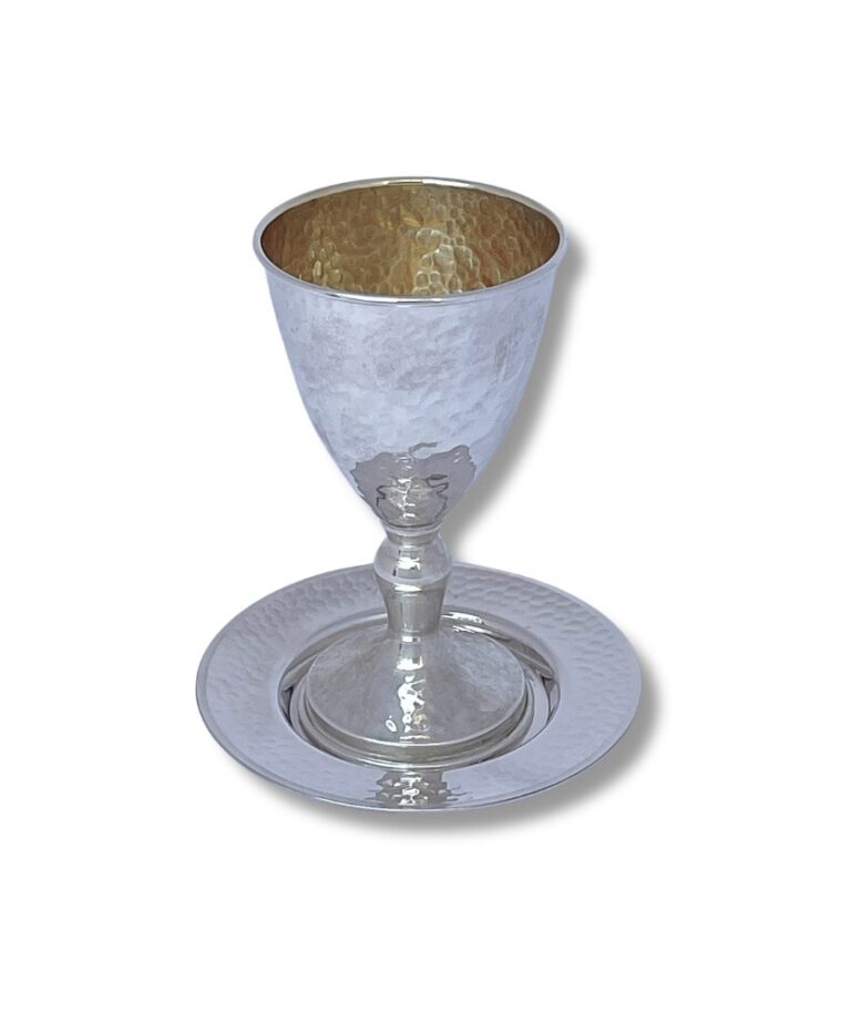 Sterling Silver Kiddush Cup with matching hammered plate – elegant Judaica gift set