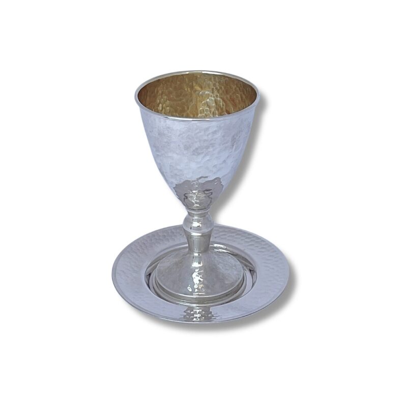 Sterling Silver Kiddush Cup with matching hammered plate – elegant Judaica gift set