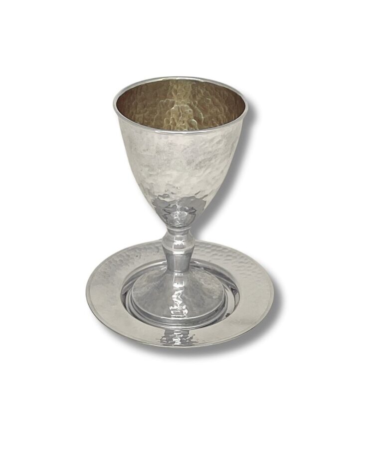 Sterling Silver Kiddush Cup with matching hammered plate – elegant Judaica gift set