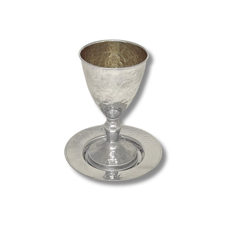 Sterling Silver Kiddush Cup with matching hammered plate – elegant Judaica gift set