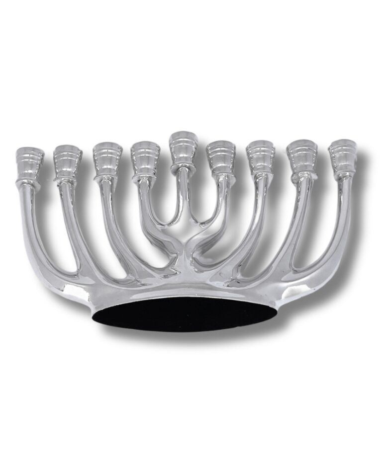 Bottom view of silver menorah showing smooth rounded base and polished finish