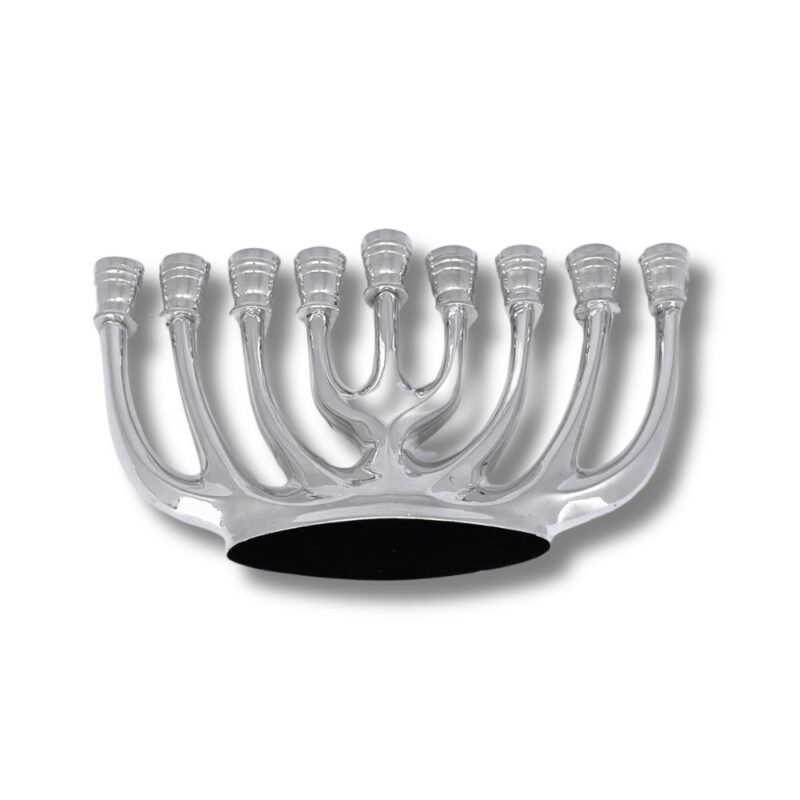 Bottom view of silver menorah showing smooth rounded base and polished finish