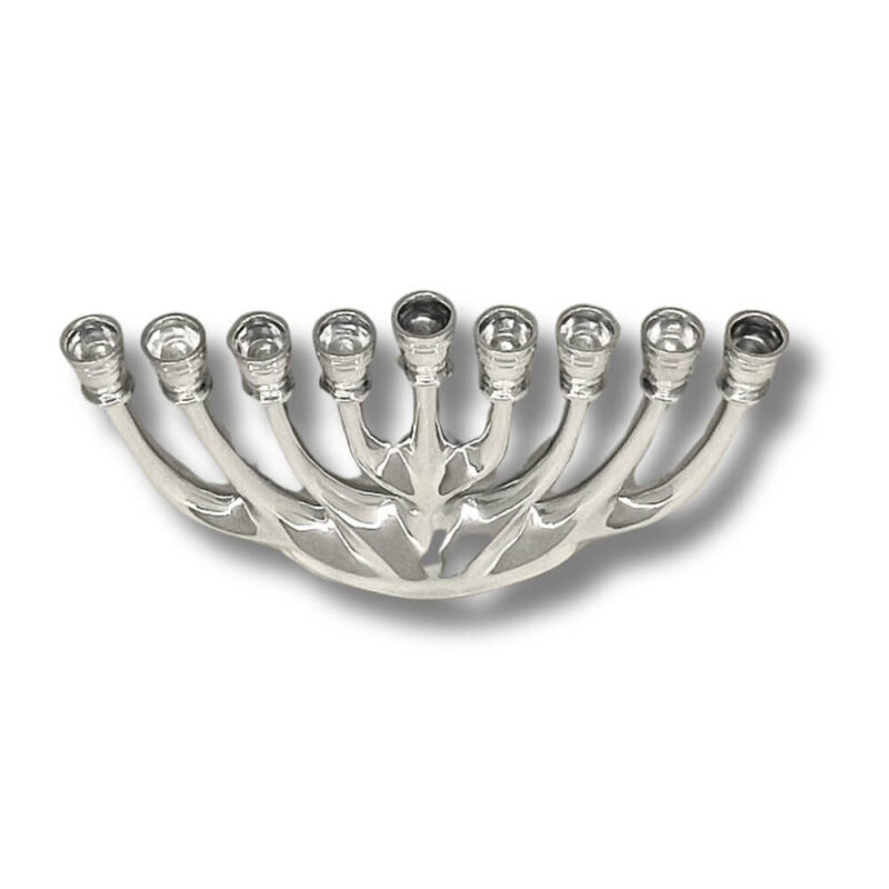 Overhead perspective of handmade Hanukkah menorah with modern flowing arms