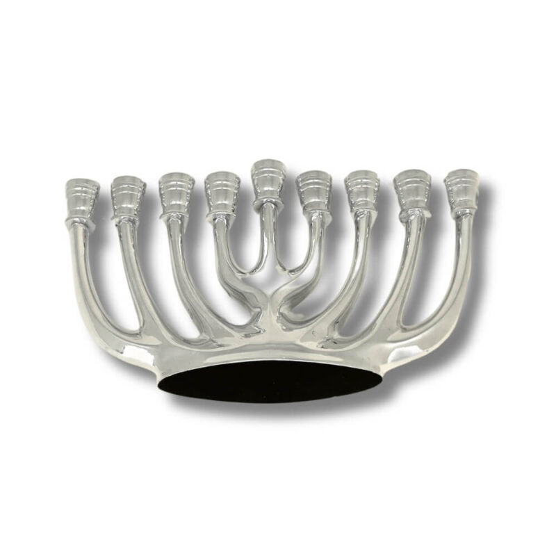 Bottom view of silver menorah showing smooth rounded base and polished finish