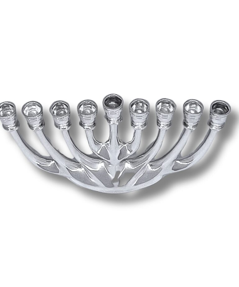 Overhead perspective of handmade Hanukkah menorah with modern flowing arms