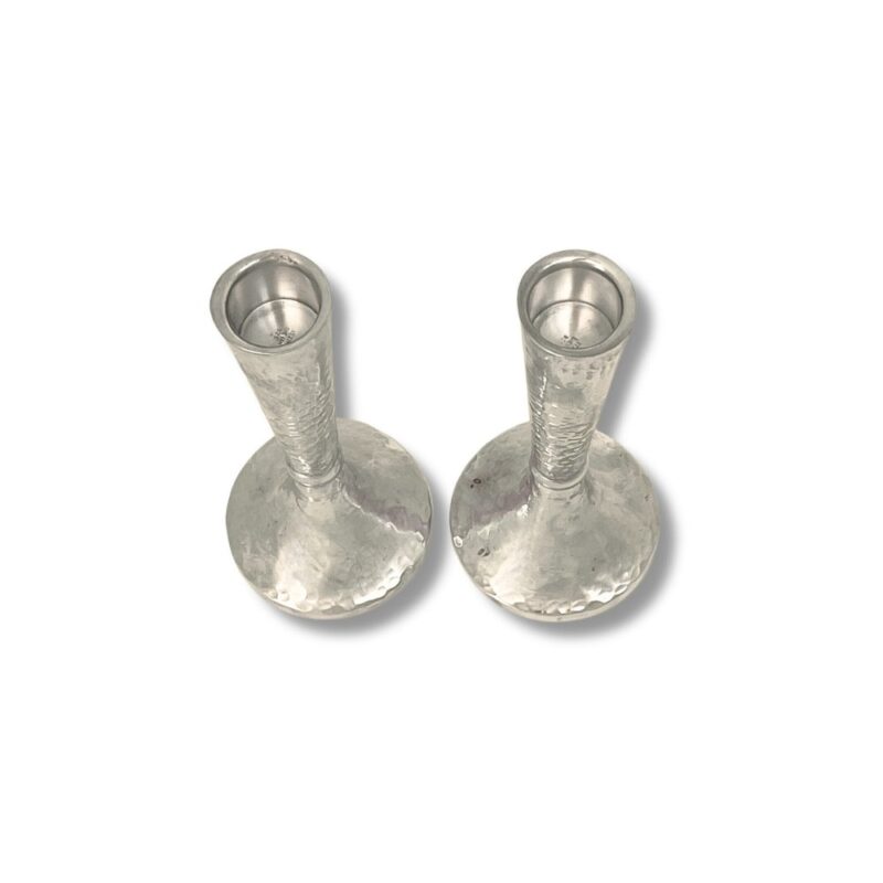 Top view of hammered sterling silver candlesticks for Shabbat