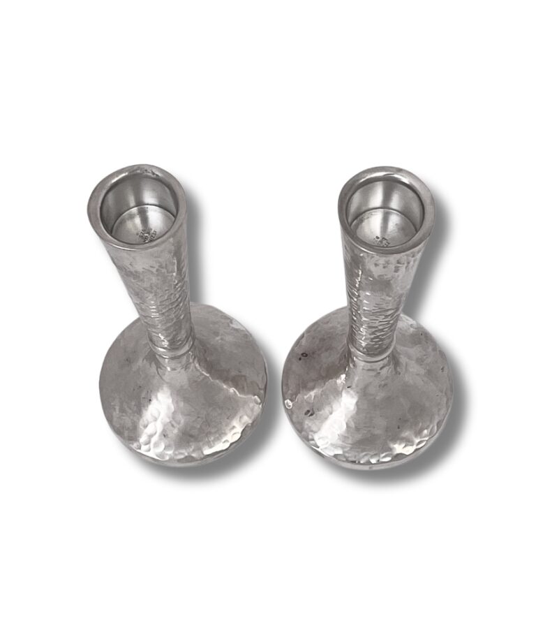 Top view of hammered sterling silver candlesticks for Shabbat