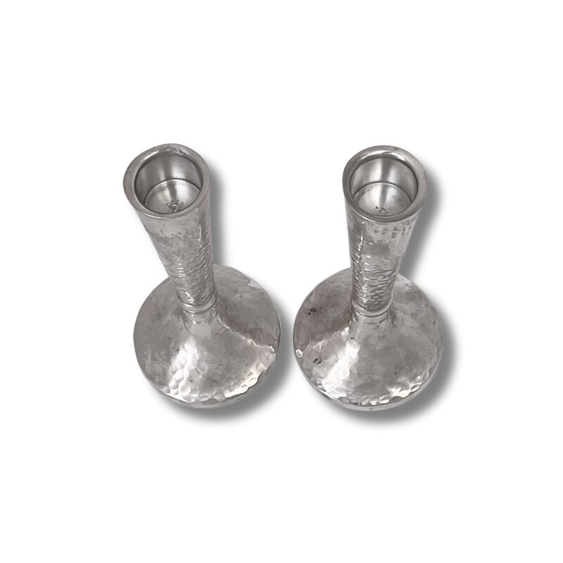 Top view of hammered sterling silver candlesticks for Shabbat