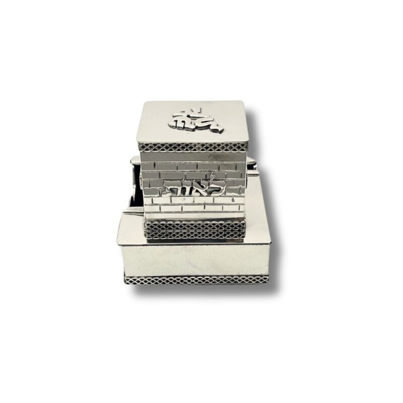 Detailed close-up of Hebrew inscriptions over a brick-patterned silver box