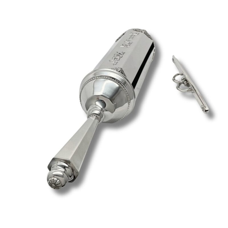 Sterling silver scroll case with pointed handle and detailed edges