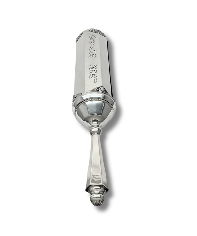 Bottom-up view of elegant silver Esther scroll holder