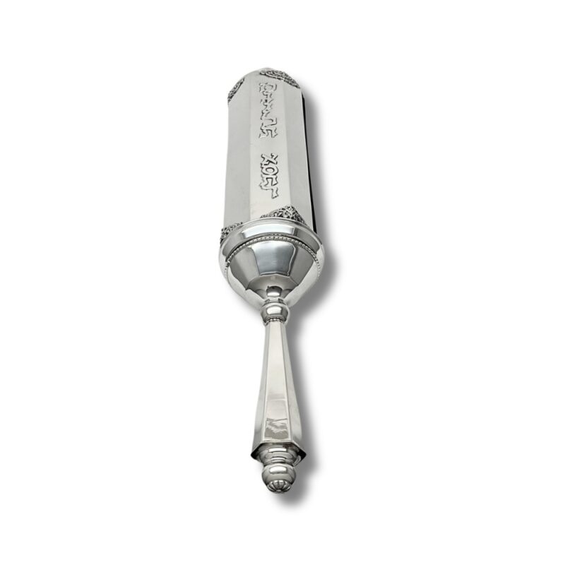 Bottom-up view of elegant silver Esther scroll holder