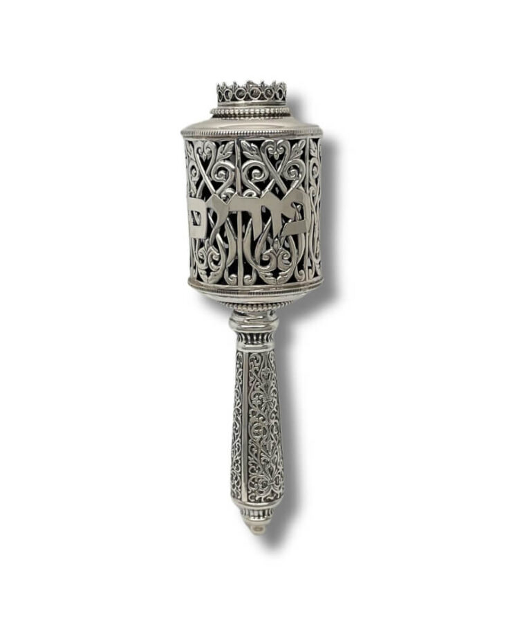 Elegant silver Purim noisemaker with Hebrew inscription and artistic crown detail