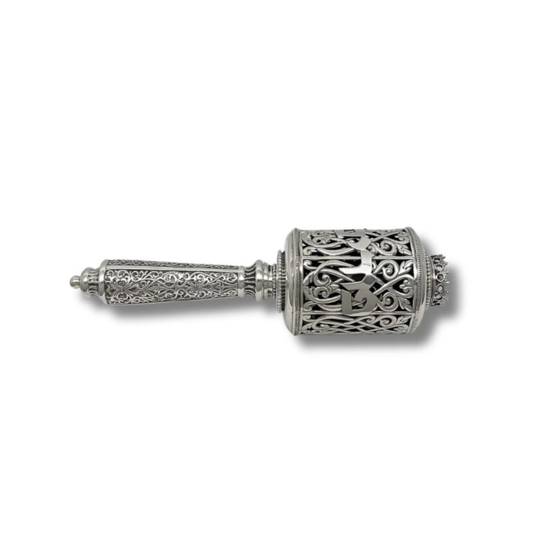 Side view of 925 Sterling Silver Purim Gragger featuring intricate filigree work