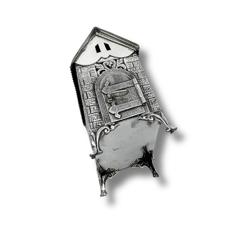 Top view of side Tzedakah box showing door close roof design