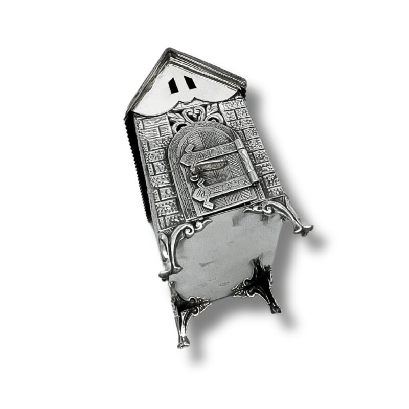 Top view of side Tzedakah box showing door close roof design