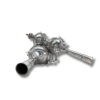 Detailed side view of silver Torah Rimonim with bells and traditional engraving