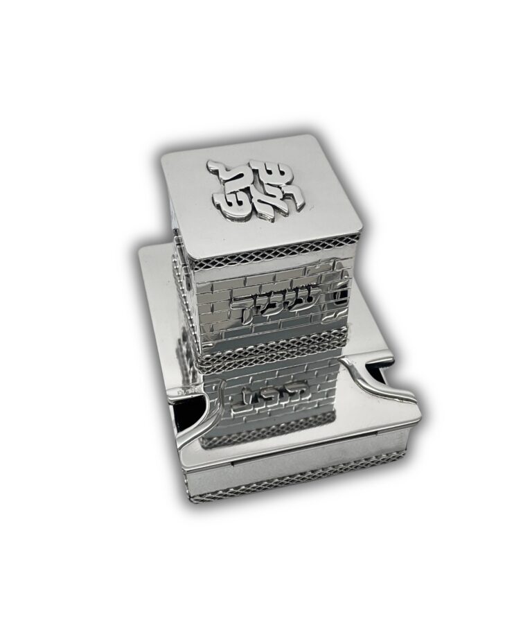 Detailed close-up of Hebrew inscriptions over a brick-patterned silver box