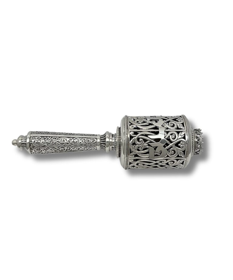 Side view of 925 Sterling Silver Purim Gragger featuring intricate filigree work