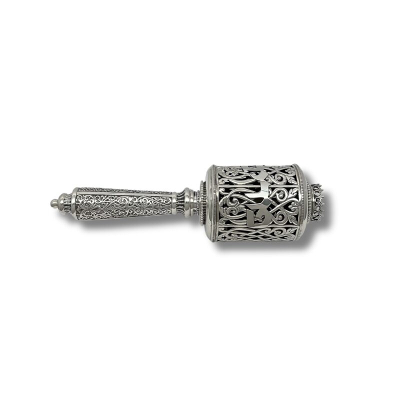Side view of 925 Sterling Silver Purim Gragger featuring intricate filigree work