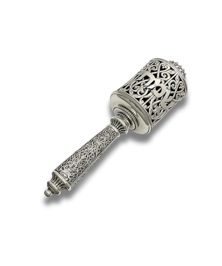 Handcrafted 925 Sterling Silver Purim Gragger with ornate handle detail