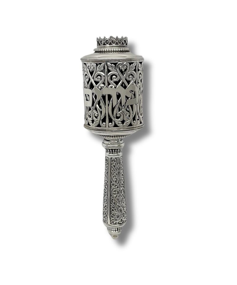 Elegant silver Purim noisemaker with Hebrew inscription and artistic crown detail
