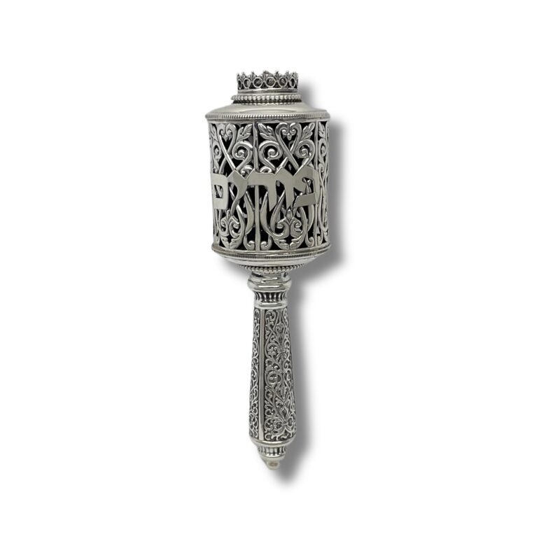 Elegant silver Purim noisemaker with Hebrew inscription and artistic crown detail