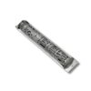 Angled top view of handcrafted silver mezuzah with intricate openwork pattern