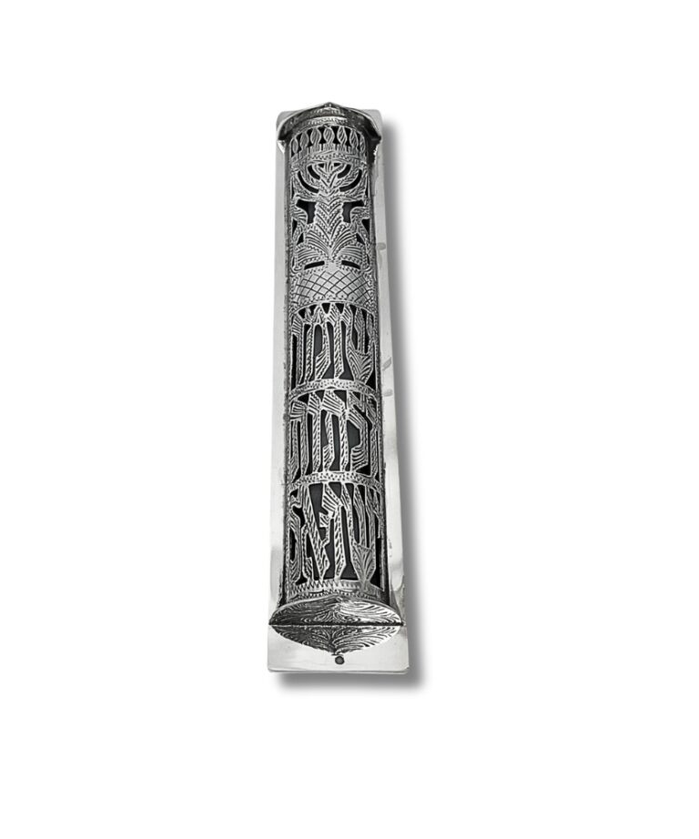 Sterling Silver Mezuzah Case front view with “Guardian of the Doors of Israel” design