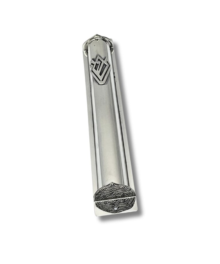 Angled view of the mezuzah case highlighting both the Shin letter and the engraved end cap