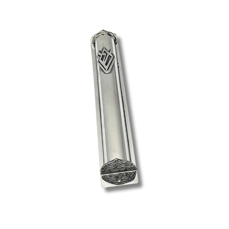 Angled view of the mezuzah case highlighting both the Shin letter and the engraved end cap