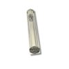 Angled view of the mezuzah case highlighting both the Shin letter and the engraved end cap
