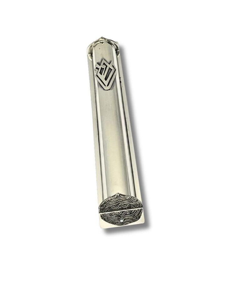 Angled view of the mezuzah case highlighting both the Shin letter and the engraved end cap