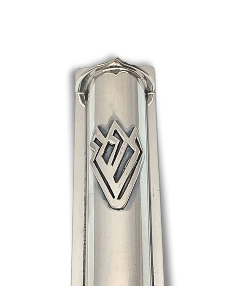 Close-up of the raised Shin letter welded onto the 925 Sterling Silver Mezuzah Case