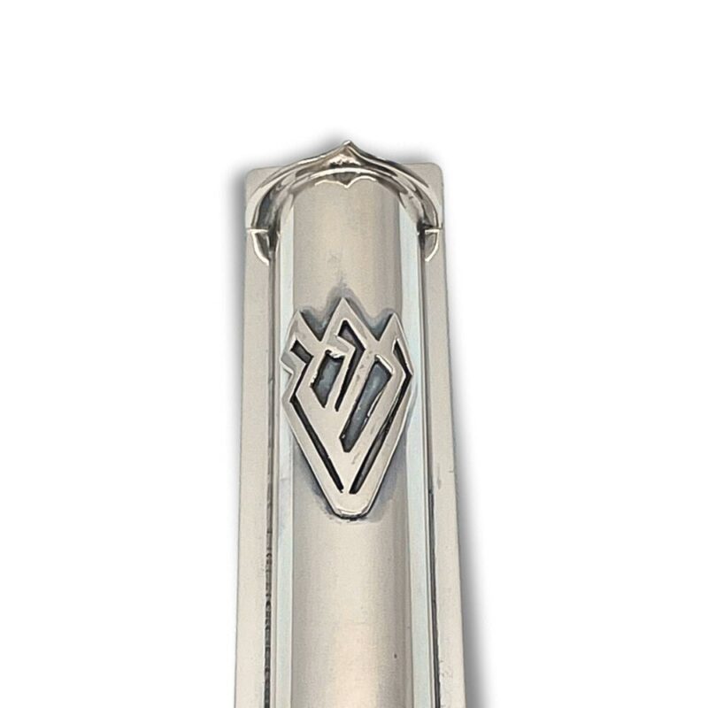 Close-up of the raised Shin letter welded onto the 925 Sterling Silver Mezuzah Case