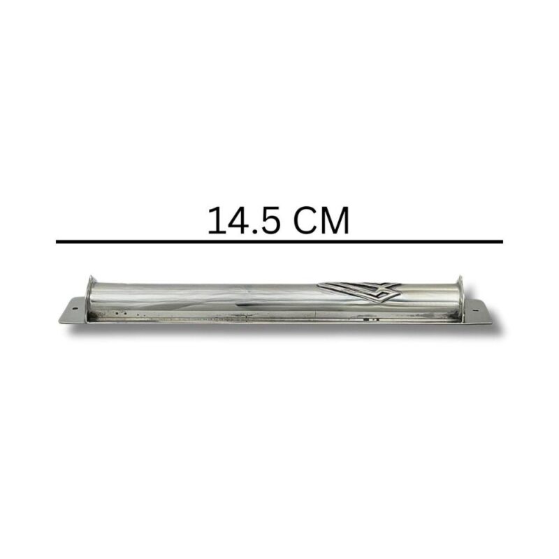 14.5 cm silver mezuzah case shown from the side with size measurement displayed