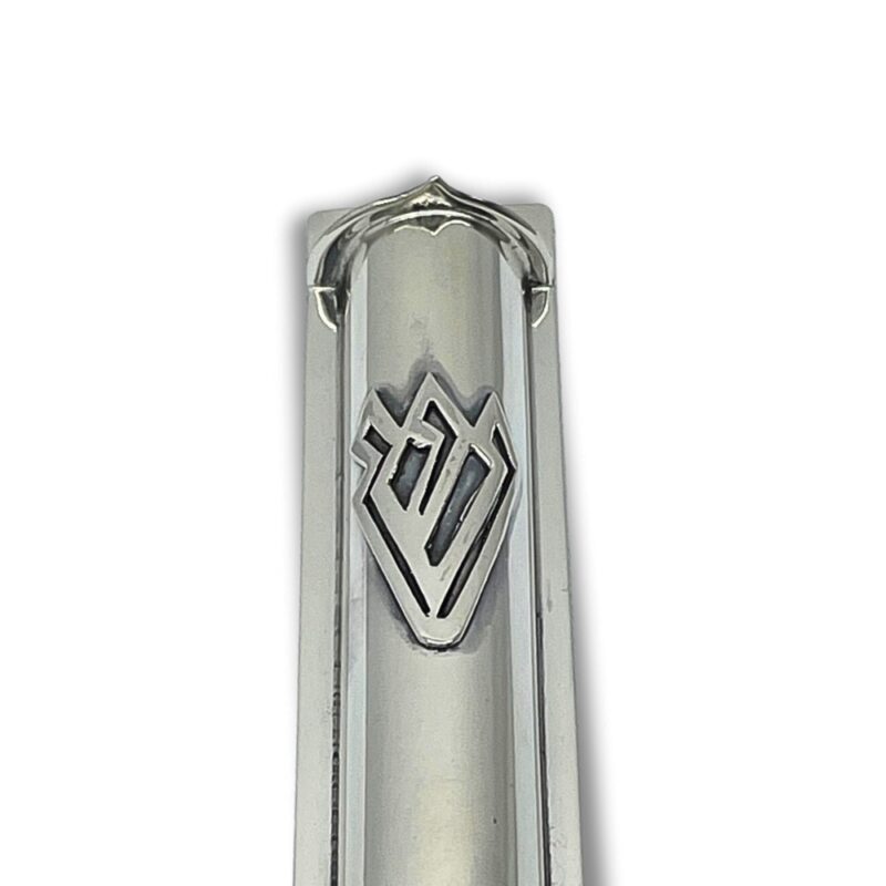 Close-up of the raised Shin letter welded onto the 925 Sterling Silver Mezuzah Case