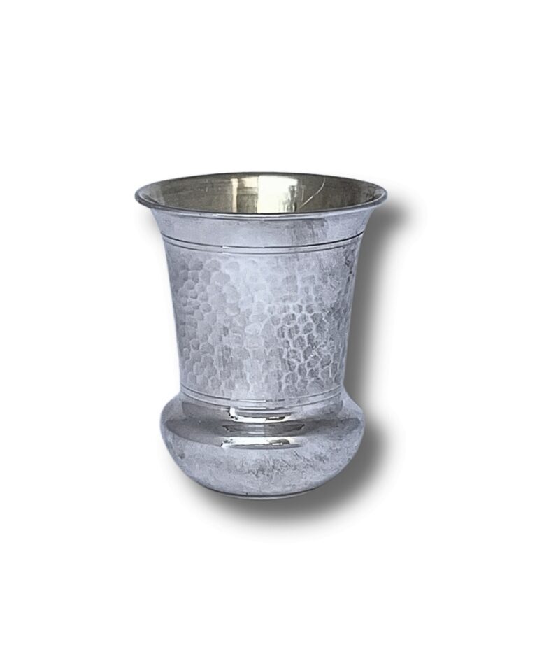 Frontal view of the Hammered Kiddush Cup, showcasing its compact shape and reflective silver finish.