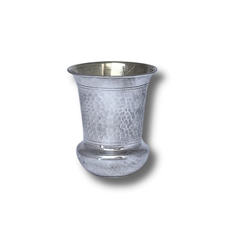 Frontal view of the Hammered Kiddush Cup, showcasing its compact shape and reflective silver finish.